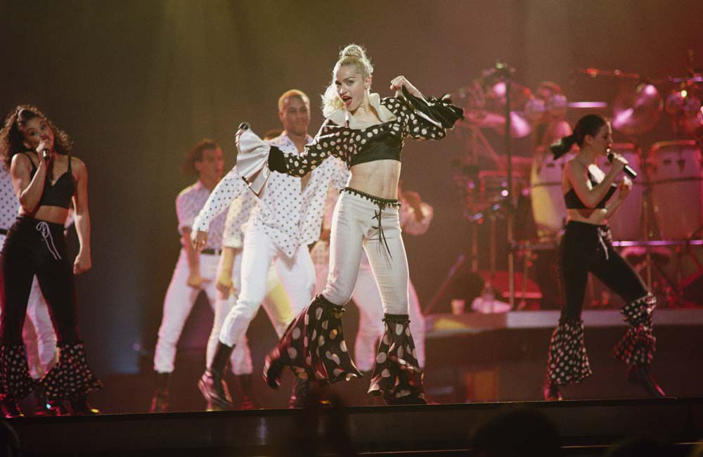 Madonna performs during her Blonde Ambition tour, Oakland Coliseum Arena, Oakland, CA, May 18, 1990